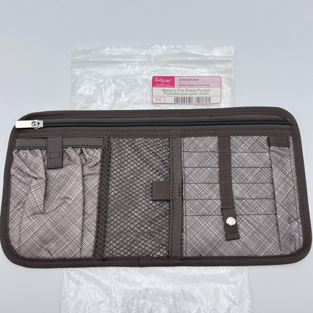 NEW Thirty-One Made In The Shade Pocket Car Visor Organizer Taupe Cross Pop 13x7